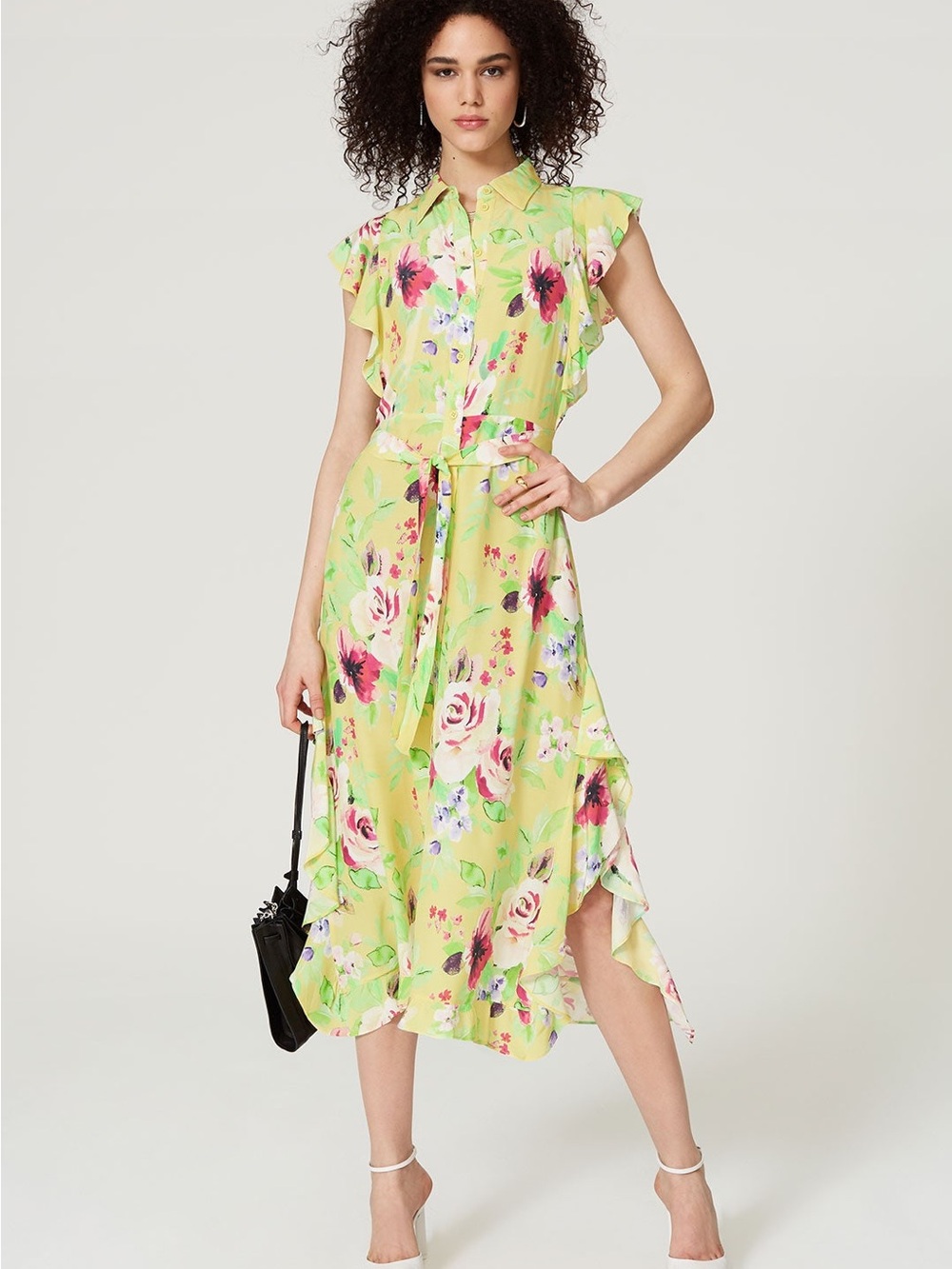 Marissa Webb x RTR Button Front Ruffle MIDI Dress Floral Yellow